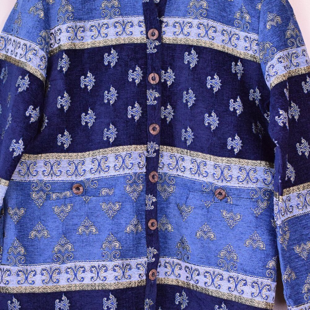 VINTAGE Sag Harbor Blue & Gold Tapestry Oversized Jacket Grandmacore - Size 10 - Picture 7 of 7